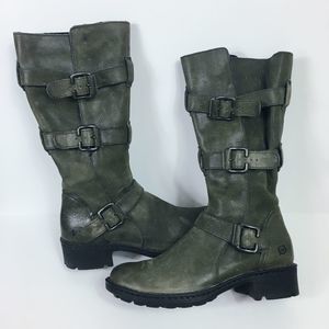Born Distressed Leather Tall Moto Boots Army Olive